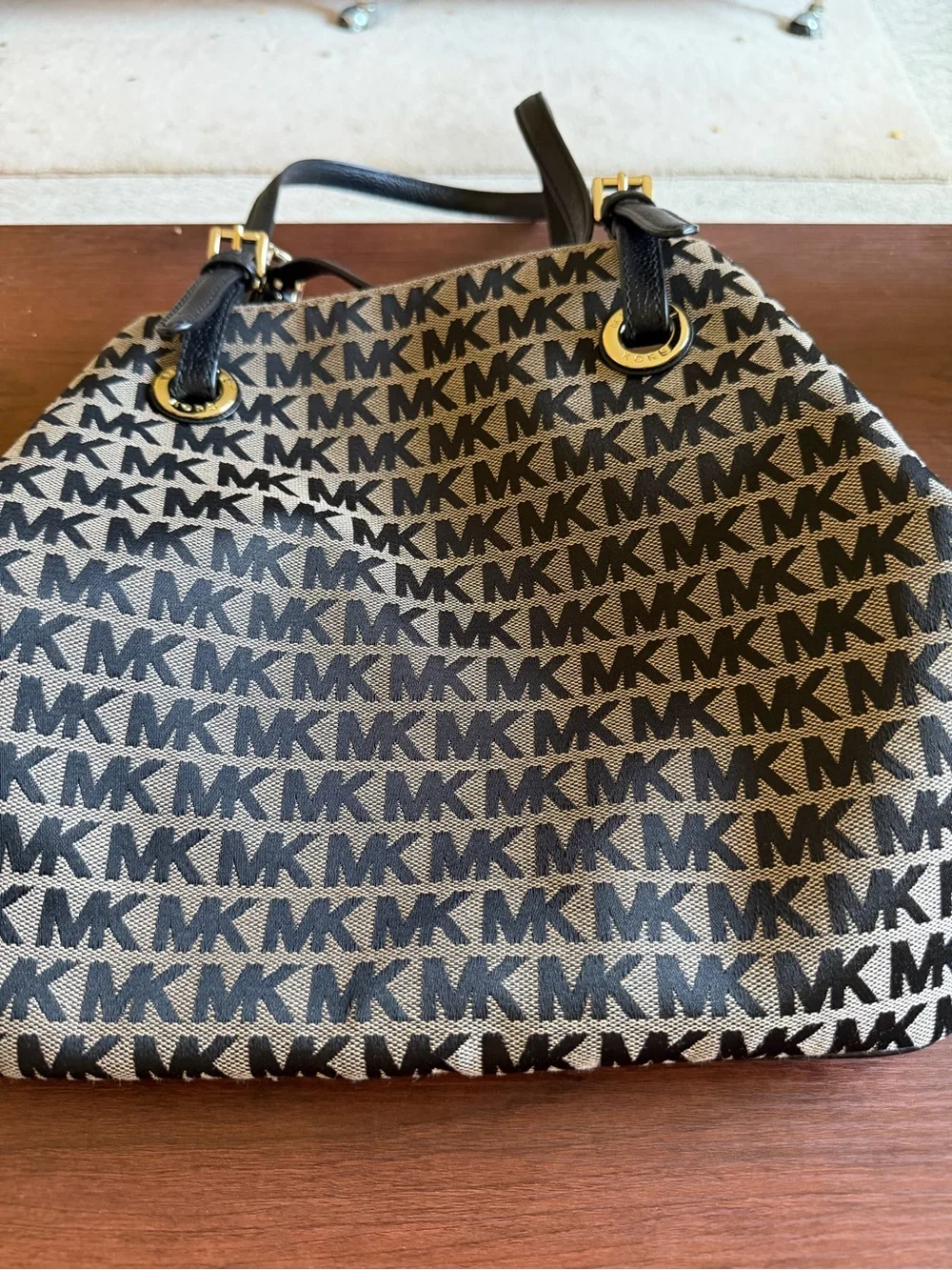 Michael Kors Black and Beige MK Logo Shoulder Bag